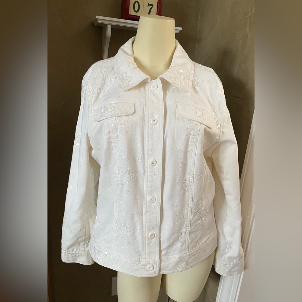 Julie Mitchell Urban Collection embrodery sequin denim jacket ivory 14